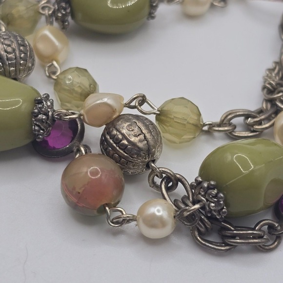 Beaded Bracelet Green Purple Silver Accents Whimsigoth Boho Witchy Statement - Picture 3 of 9